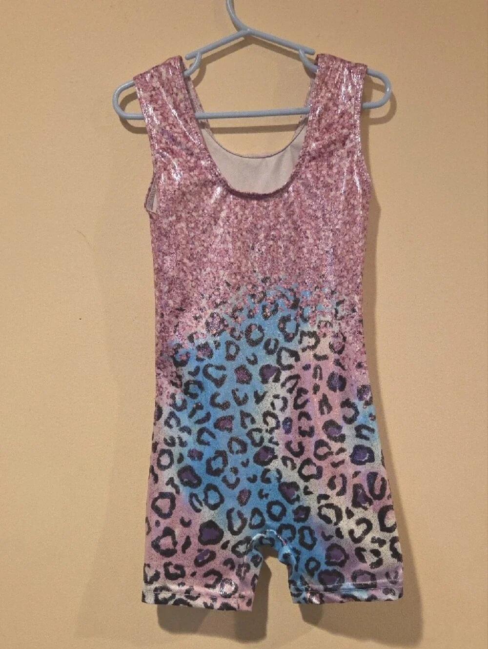 Kids Sparkle Leopard Print Dance Costume - Pink/Blue